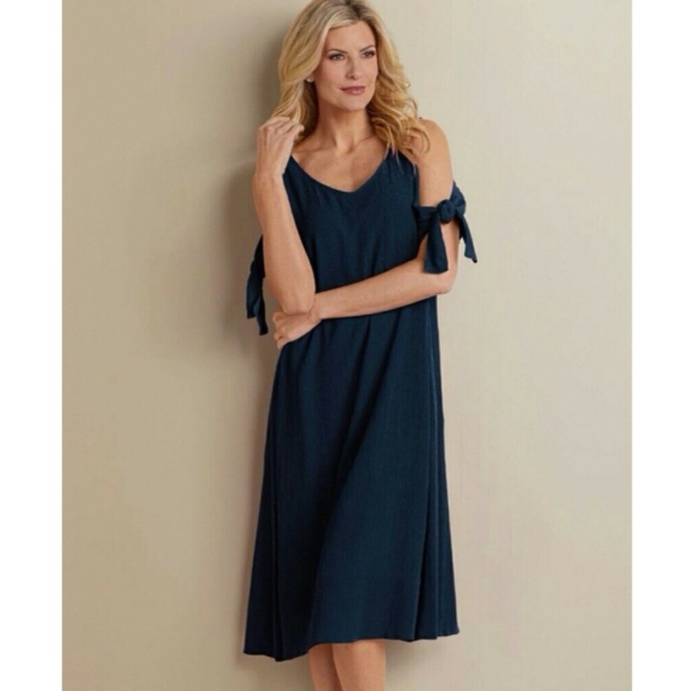 NWOT Soft Surroundings Destin Navy Blue Cold Shoulder Gauze Dress Navy Blue New